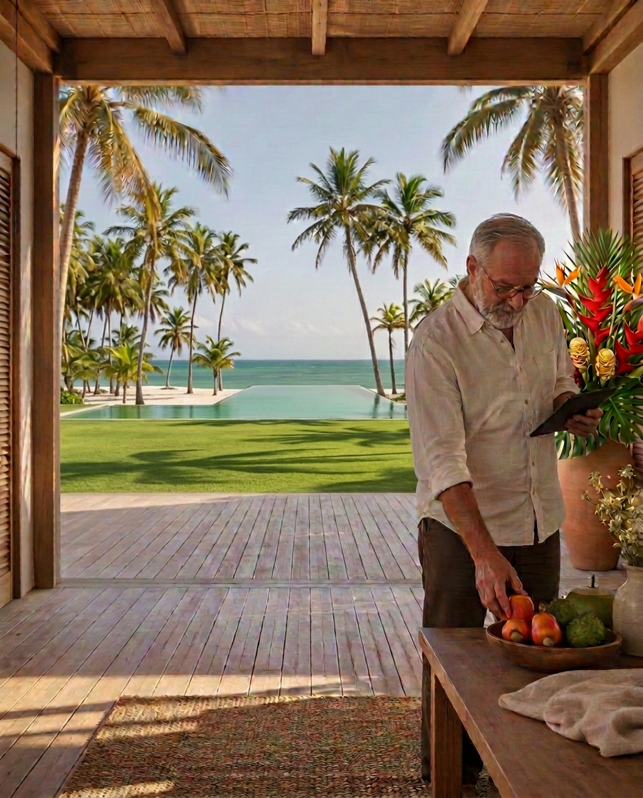 Concierge preparando a residência, com gramado, piscina de borda infinita e mar ao fundo