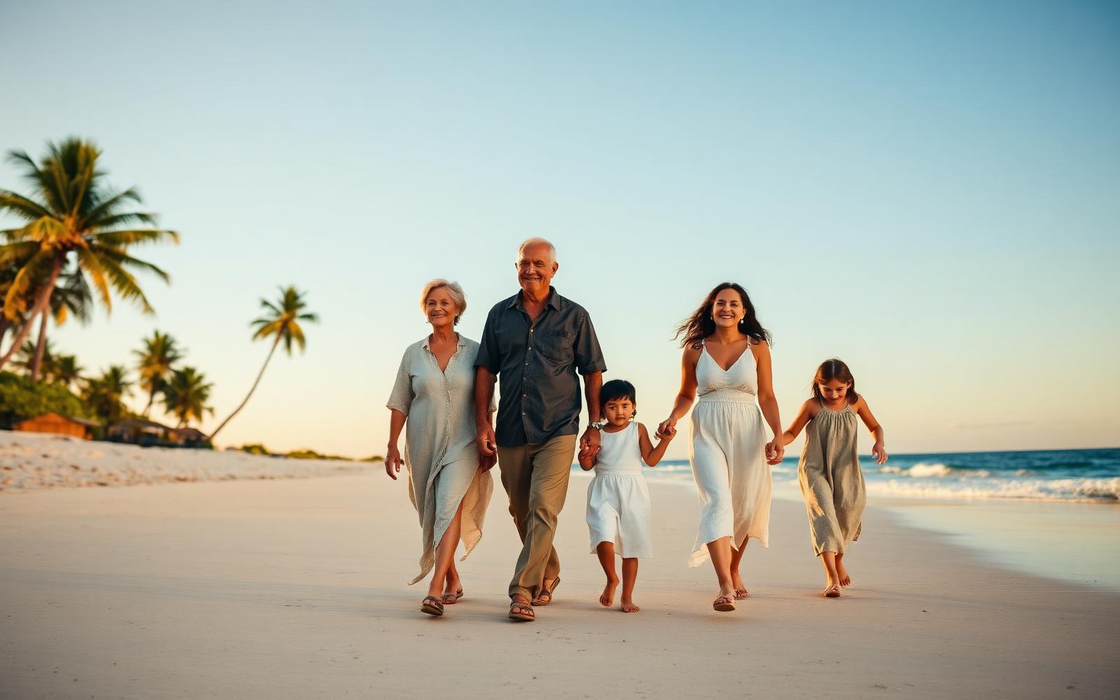 Família de diferentes gerações caminhando à beira-mar