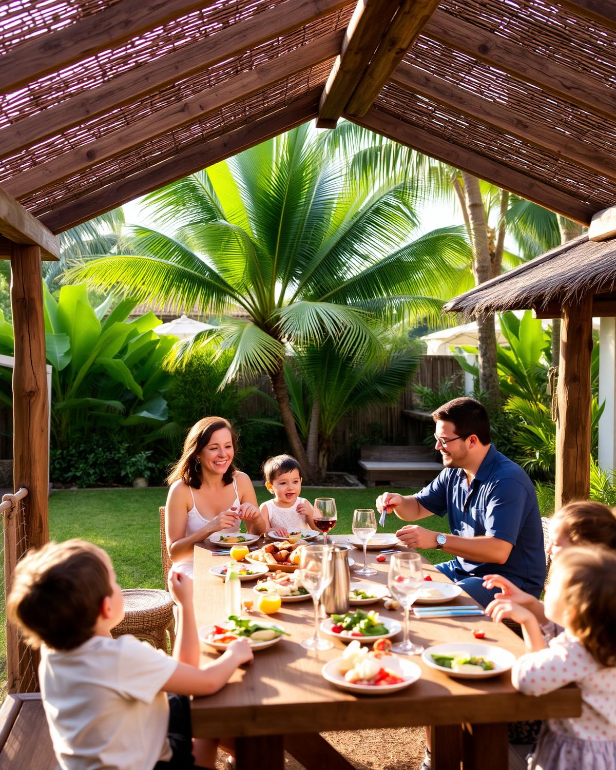 Famílias reunidas à mesa em um jardim tropical