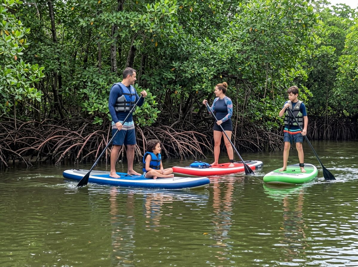 Família praticando stand-up paddle no rio junto ao manguezal